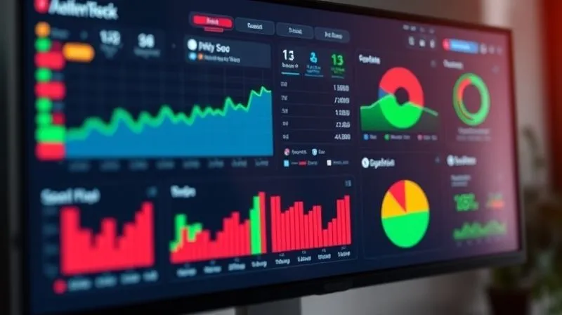 A photorealistic dashboard displaying various digital marketing metrics, with a prominent red bar indicating a low conversion rate and a green line showing a healthy traffic flow, highlighting a clear bottleneck. The screen is modern, sleek, with data visualizations like line graphs and pie charts, cinematic lighting, sharp focus on the bottleneck, depth of field blurring a professional workspace. 8K hyper-detailed, professional photography, shot on a high-end DSLR.
