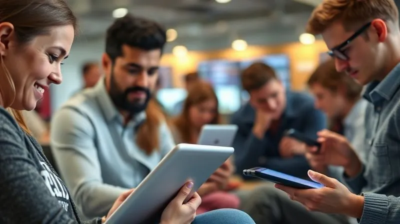 A photorealistic image of a diverse group of people engaging with different types of digital content on various devices – a person reading a blog on a laptop, another watching a webinar on a tablet, someone else scrolling through social media on a phone. The scene is bright and dynamic, with subtle digital overlays indicating data flow and engagement. Cinematic lighting, sharp focus on the content on screens, depth of field blurring the background, 8K hyper-detailed, professional photography, shot on a high-end DSLR.