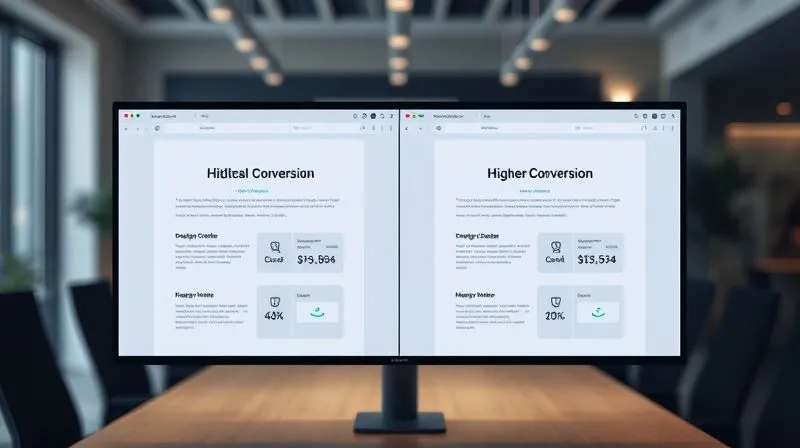 A photorealistic split screen showing two slightly different versions of a digital landing page, side-by-side, with subtle digital overlays indicating A/B testing results. One side shows higher conversion numbers. Cinematic lighting, sharp focus on the comparison, depth of field blurring a modern office background. 8K hyper-detailed, professional photography, shot on a high-end DSLR.
