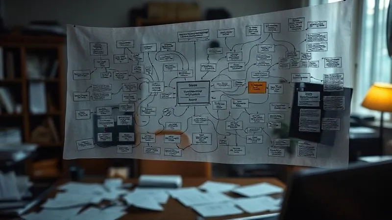A photorealistic image of a frustrated freelancer looking at a complex, tangled flowchart representing a broken sales funnel. The background is a dimly lit home office, with papers scattered, emphasizing the struggle. Cinematic lighting, sharp focus on the freelancer's face, depth of field blurring the office elements. Shot on a high-end DSLR, 8K hyper-detailed, professional photography.