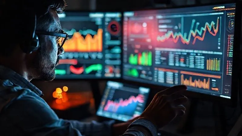 A photorealistic image of a freelancer intensely analyzing a multi-screen dashboard filled with graphs, charts, and real-time data visualizations of a sales funnel. One screen shows a highlighted A/B test result. The atmosphere is focused and analytical, with cinematic lighting emphasizing the screens and the freelancer's face. Sharp focus on the data, depth of field blurring the background. Shot on a high-end DSLR, 8K hyper-detailed, professional photography.