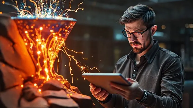 A photorealistic image of a digital sales funnel with glowing data streams entering the top, but instead of exiting as conversions, multiple streams are visibly leaking out of cracks and holes. A frustrated freelancer in the background looks at a tablet displaying low conversion rates. Cinematic lighting, sharp focus on the leaky funnel, depth of field blurring the background, 8K hyper-detailed.