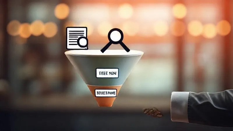 A photorealistic image depicting a three-stage sales funnel. The top section shows a blog post icon and a magnifying glass, representing 'Attract and Inform'. The middle section features an e-book icon and a webinar screen, symbolizing 'Nurture and Qualify'. The bottom section displays a 'BUY NOW' button and a handshake, signifying 'Convert and Close'. Cinematic lighting, sharp focus on the icons, depth of field blurring the background, 8K hyper-detailed.