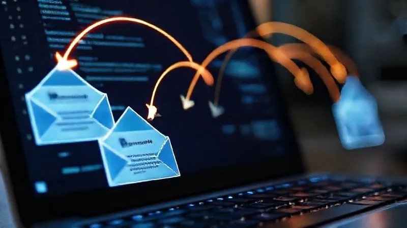 A photorealistic image of a series of open email inboxes on a computer screen, with glowing arrows connecting them to a stylized digital sales funnel. The emails contain personalized messages and offers, symbolizing lead nurturing and follow-up. Cinematic lighting, sharp focus on the email content, depth of field blurring the background, 8K hyper-detailed.
