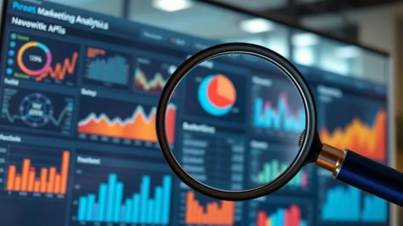 A photorealistic, professional photography image of a detailed digital marketing analytics dashboard displaying various charts, graphs, and KPIs, with a magnifying glass hovering over a specific section indicating areas for improvement. Cinematic lighting, sharp focus on the dashboard, depth of field blurring a modern office background, 8K hyper-detailed.