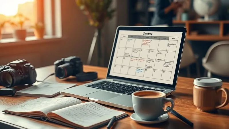A photorealistic image of a creative workspace with a laptop open displaying a content calendar, surrounded by notebooks with handwritten ideas, a camera, a microphone, and a coffee cup. The scene is bathed in warm, cinematic lighting, with sharp focus on the laptop screen showing content strategy, and a blurred background of a modern office, 8K hyper-detailed, professional photography.