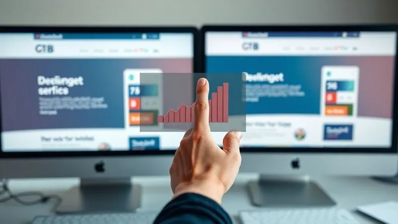 A photorealistic image of a split screen showing two different versions of a website landing page (A and B) side-by-side, with a hand pointing to version B, which clearly has higher conversion metrics displayed in a small overlay. Cinematic lighting, sharp focus on the screens and hand, depth of field blurring the background, 8K hyper-detailed, professional photography, symbolizing A/B testing success.