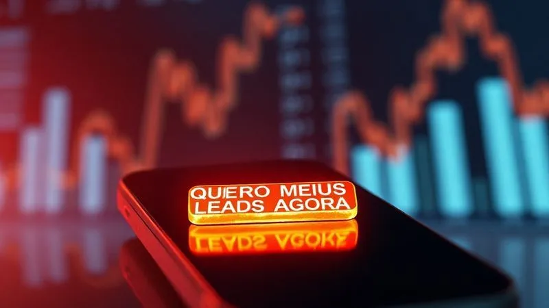 Photorealistic, professional photography, 8K, cinematic lighting, sharp focus, depth of field, shot on a high-end DSLR. A vibrant, glowing call-to-action button (e.g., 'QUERO MEUS LEADS AGORA!') emerging from a sleek, minimalist smartphone screen, surrounded by a subtle aura of persuasive text. The background is a soft blur of a bustling digital marketing dashboard, symbolizing conversion and immediate results. The focus is sharp on the button, drawing the eye directly to it.