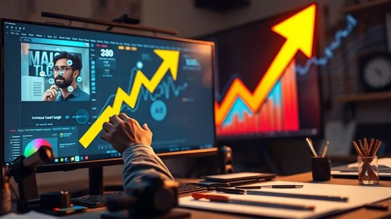 Photorealistic, professional photography, 8K, cinematic lighting, sharp focus, depth of field, shot on a high-end DSLR. A vibrant, high-resolution infographic illustrating the benefits of good design, with a glowing arrow pointing towards increased lead generation. In the foreground, a designer is meticulously refining details on a large screen, surrounded by professional design tools and a mood board, emphasizing quality and precision. The background shows a graph of rapidly increasing leads, symbolizing success from visual excellence.