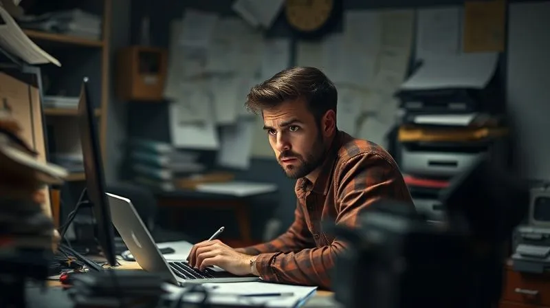 Photorealistic image of a lone freelancer looking overwhelmed at a messy desk, surrounded by unanswered emails and unfinished tasks. The atmosphere is dim, conveying frustration and stagnation. Professional photography, 8K, cinematic lighting, sharp focus on the freelancer's expression, depth of field blurring the background, shot on a high-end DSLR.