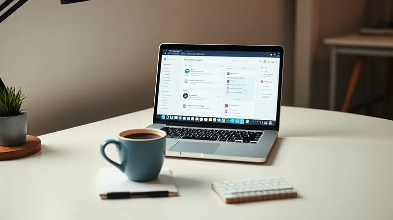 A photorealistic image of a clean, minimalist freelancer's desk with a laptop displaying a streamlined project management tool. A single cup of coffee sits beside a neatly organized notepad, suggesting efficiency and focus. Professional photography, 8K, cinematic lighting, sharp focus, depth of field, shot on a high-end DSLR.