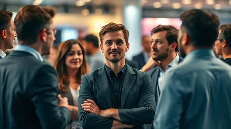 A photorealistic image of a diverse group of professionals networking at an industry event, with one central figure (representing the freelancer) confidently engaging with others, a subtle glow around them. The background is slightly blurred, emphasizing connection and opportunity. Professional photography, 8K, cinematic lighting, sharp focus, depth of field, shot on a high-end DSLR.
