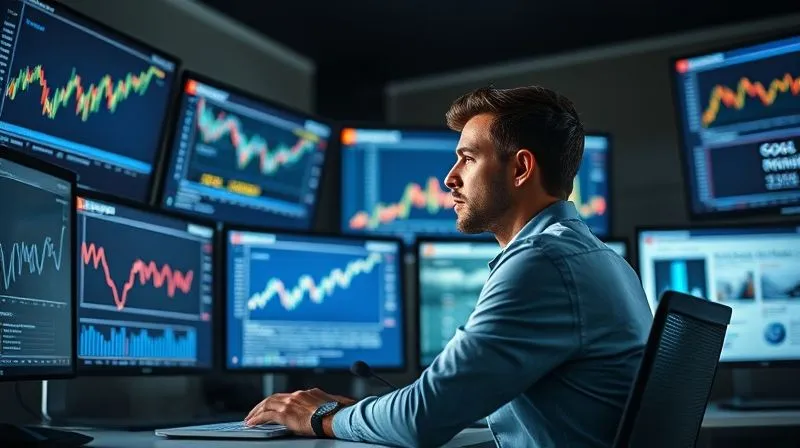 A photorealistic image of a person sitting at a desk, surrounded by multiple screens displaying various data visualizations: stock market graphs, Google Trends charts, social media feeds, and news headlines. Cinematic lighting, sharp focus on the person's thoughtful expression, depth of field blurring the background, 8K hyper-detailed, shot on a high-end DSLR.