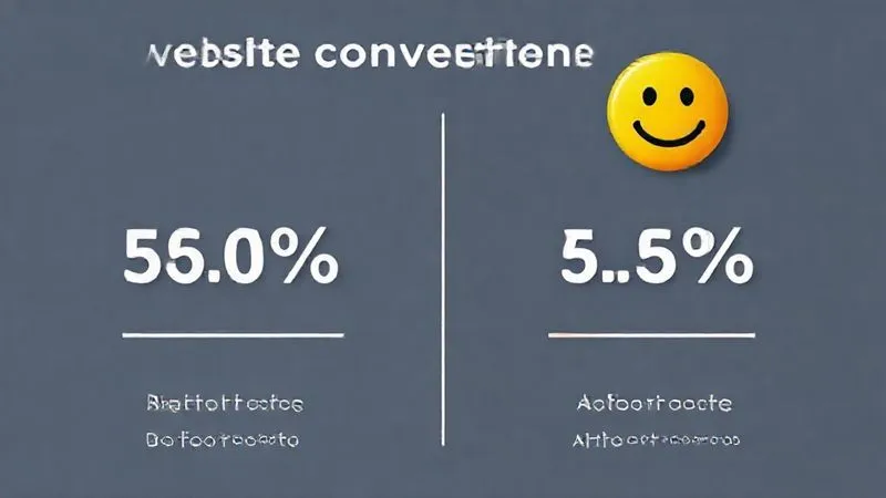 A photorealistic infographic in a clean, modern design style, showing a before-and-after comparison of website conversion rates. One side shows a low percentage with a sad face icon, and the other side shows a significantly higher percentage with a happy face icon. Cinematic lighting, sharp focus, 8K hyper-detailed, professional photography, shot on a high-end DSLR.