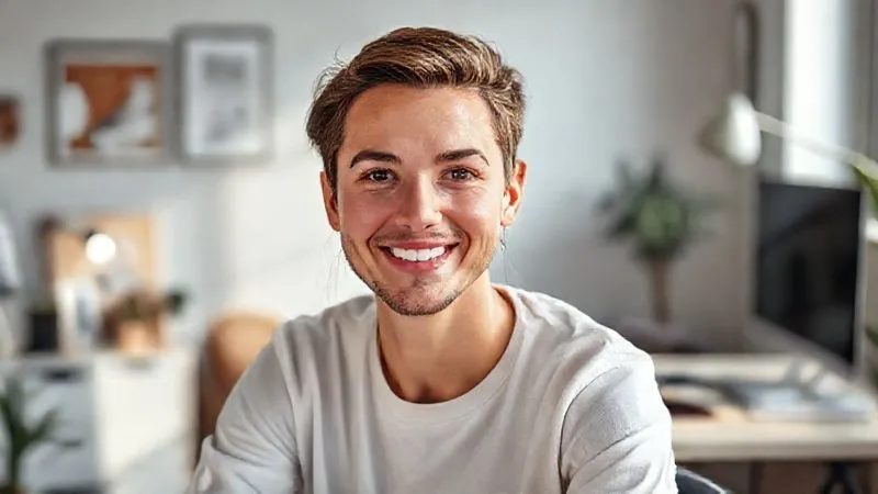 A photorealistic image of a professional designer with a warm, inviting smile, sitting in a stylish, minimalist home office. The designer is looking directly at the camera with confident and approachable eyes. Soft, natural light illuminates the scene, highlighting a well-organized workspace with a few personal touches. Cinematic lighting, sharp focus on the designer's face, depth of field blurring the background. 8K hyper-detailed, professional photography, shot on a high-end DSLR.