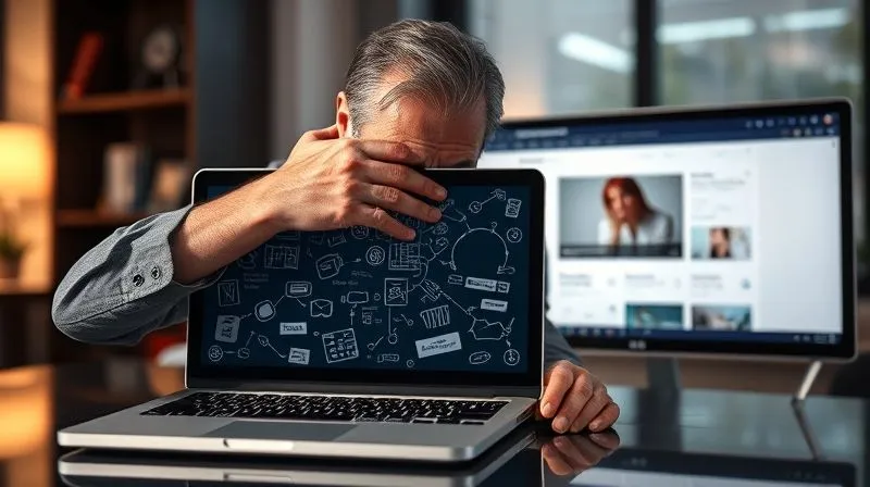 A photorealistic image of a frustrated business person closing a laptop with a complex, cluttered digital portfolio on screen, while a clean, minimalistic, and inviting portfolio is displayed on another screen in the background. Cinematic lighting, sharp focus on the user's expression. 8K hyper-detailed.