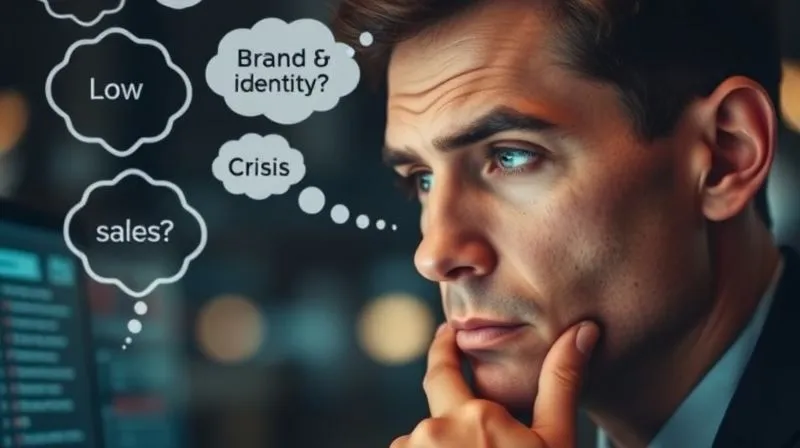 A photorealistic close-up of a thoughtful business person looking at a digital screen, with thought bubbles showing problems like 'low sales' and 'brand identity crisis'. Cinematic lighting, sharp focus on the person's face, depth of field blurring the screen content into a vague portfolio. Shot on a high-end DSLR, 8K hyper-detailed.
