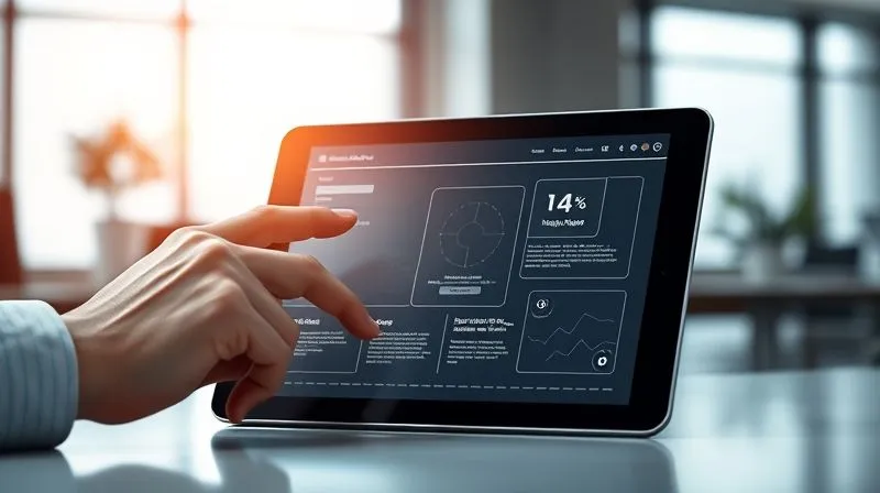 A photorealistic image of a sleek, modern website wireframe on a tablet, with clean lines and clear navigation elements. A hand is gently touching the screen, indicating ease of use. The background is a blurred, brightly lit office space. Cinematic lighting, sharp focus on the tablet, depth of field. Shot on a high-end DSLR, 8K hyper-detailed.