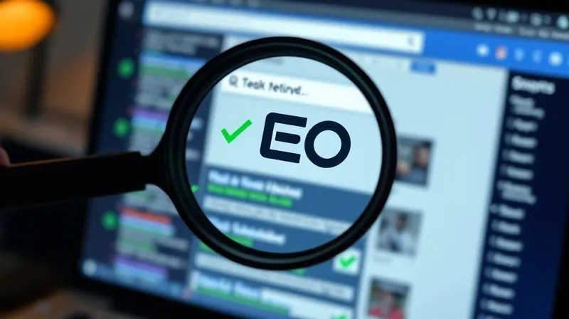 A photorealistic image of a magnifying glass hovering over a computer screen displaying search engine results, with a well-optimized online portfolio prominently featured. Green checkmarks indicate good SEO practices. Cinematic lighting, sharp focus on the screen and magnifying glass, depth of field. Shot on a high-end DSLR, 8K hyper-detailed.