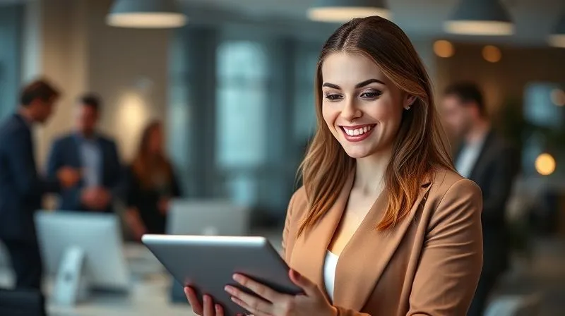 A photorealistic image of a professional woman smiling confidently while looking at a tablet displaying glowing client testimonials. In the background, blurred office colleagues are collaborating. Cinematic lighting, sharp focus on the woman and tablet, depth of field. Shot on a high-end DSLR, 8K hyper-detailed.
