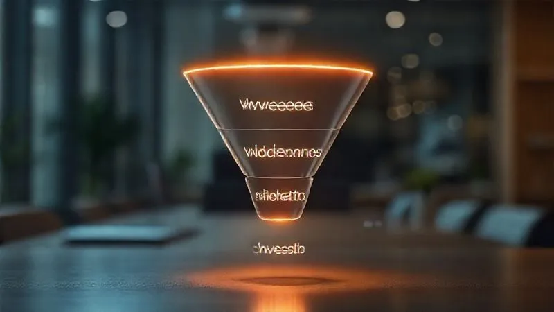 A photorealistic, professional photography, 8K, cinematic lighting, sharp focus, depth of field, shot on a high-end DSLR, showing a sleek, glowing digital sales funnel diagram, with distinct layers labeled 'Awareness', 'Consideration', 'Conversion', against a subtly blurred background of a modern workspace. The funnel visually represents a smooth, optimized flow, symbolizing efficiency and success. The lighting highlights the flow from top to bottom, creating a sense of progression and clarity. The overall mood is professional and insightful.