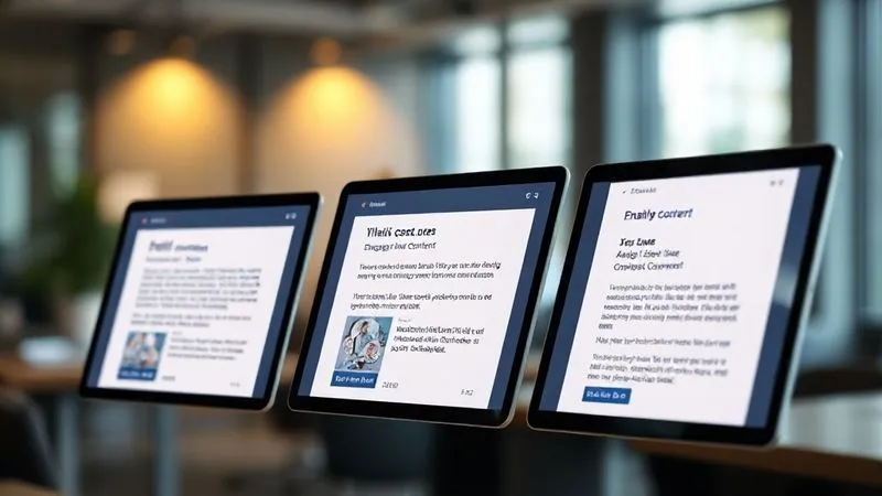 A photorealistic, professional photography, 8K, cinematic lighting, sharp focus, depth of field, shot on a high-end DSLR, showing a stylized digital email marketing sequence flowing from one screen to another, with open emails displaying engaging content and clear calls to action. The background features a blurred, modern office environment, emphasizing the digital nature of the communication. The lighting should highlight the smooth transition between emails, suggesting a well-orchestrated nurturing process.
