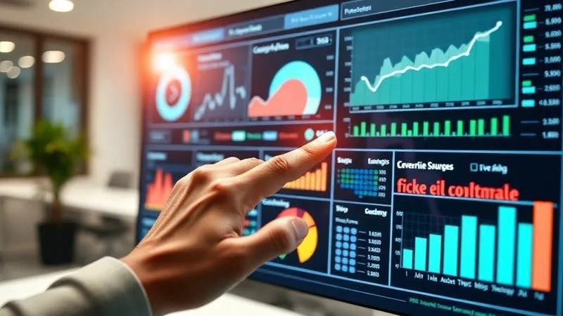 A photorealistic, professional photography, 8K, cinematic lighting, sharp focus, depth of field, shot on a high-end DSLR, showing a vibrant, interactive digital dashboard with various charts, graphs, and KPIs related to sales funnel performance (e.g., conversion rates, traffic sources, customer lifetime value). A hand is subtly interacting with a touchscreen, symbolizing data analysis and optimization. The background is a modern, minimalist office. The lighting emphasizes clarity and data visualization, conveying a sense of control and insight.