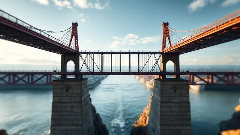 A photorealistic image of a bridge, half-built, with one side representing 'product features' and the other side, far across a chasm, representing 'client transformation' and 'high-value outcomes'. Cinematic lighting, sharp focus on the gap, depth of field blurring the distant, desired outcome. Professional photography, 8K hyper-detailed.