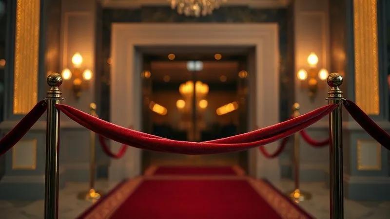 A photorealistic image of a velvet rope in front of an exclusive, softly lit entrance, with a blurred background of a sophisticated event. The rope is slightly open, hinting at limited access. Cinematic lighting, sharp focus on the rope and entrance, depth of field creating an aura of mystery and desirability. Professional photography, 8K hyper-detailed.