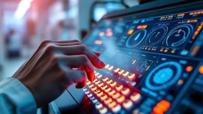 A photorealistic image of a person's hands delicately adjusting a complex control panel with glowing lights and data visualizations, symbolizing optimization and refinement. Cinematic blue and orange lighting, sharp focus on the hands and controls, depth of field blurring the background into a high-tech lab. Professional photography, 8K hyper-detailed.