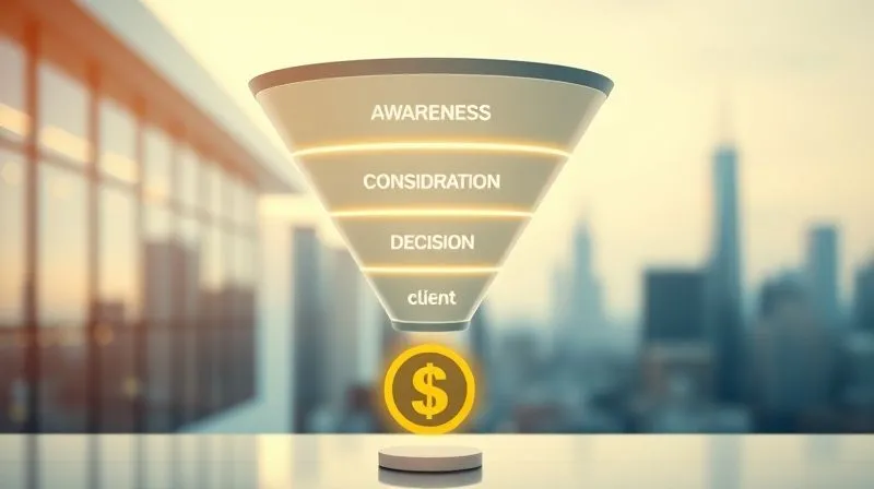 A photorealistic image of a clear, well-defined sales funnel, with distinct stages (awareness, consideration, decision) represented by glowing pathways, leading to a golden 'client' icon at the bottom. The background is a blurred cityscape, symbolizing business. 8K, cinematic lighting, sharp focus on the funnel.