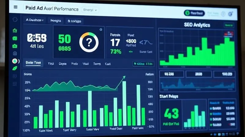 A photorealistic image of a digital marketing dashboard showing a harmonious blend of paid ad performance metrics and SEO analytics, with green upward arrows indicating growth in both. The screen is clean and modern, with data visualizations. 8K, cinematic lighting, sharp focus.