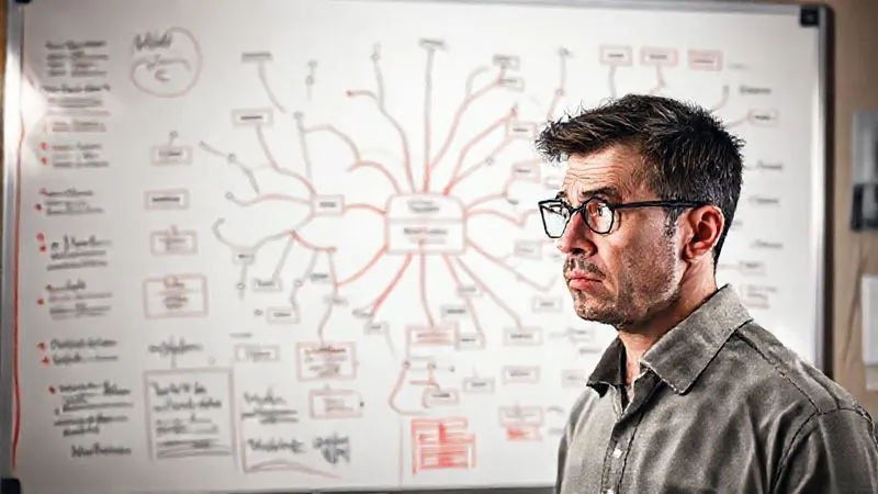 A photorealistic image of a person looking frustrated at a complex, broken funnel diagram on a whiteboard, with red lines indicating leaks and points of failure. Cinematic lighting, sharp focus, depth of field, 8K hyper-detailed, professional photography.