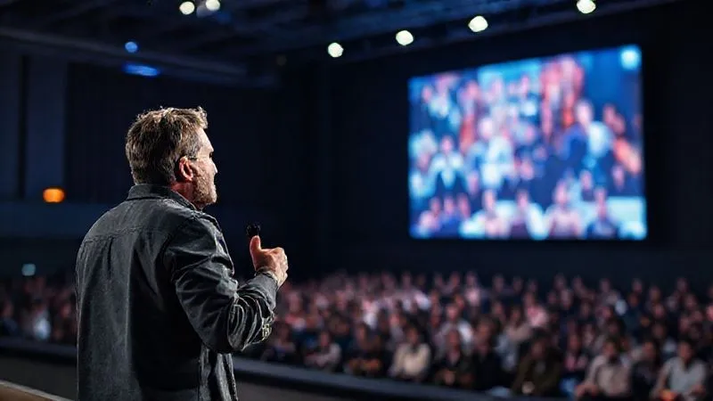 A photorealistic image of a dynamic speaker on a stage, passionately engaging a large online audience projected on a screen behind them. The speaker is making eye contact with the camera, with cinematic lighting highlighting their presence, sharp focus, depth of field, 8K hyper-detailed, professional photography.