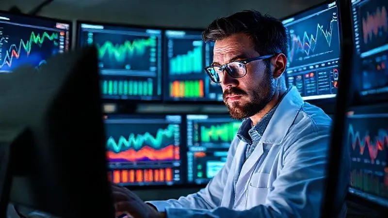 A photorealistic image of a data scientist analyzing multiple screens displaying complex charts and growth trends. The screens show metrics like sales funnels, conversion rates, and audience engagement, with a determined expression on the data scientist's face. Cinematic lighting, sharp focus, depth of field, 8K hyper-detailed, professional photography.
