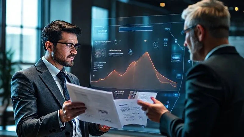 Photorealistic image of a business professional presenting a report, with data points visually transforming into a compelling story arc displayed on a holographic screen. The professional is making eye contact with an engaged client, cinematic lighting, sharp focus on the interaction, depth of field. Shot on a high-end DSLR, 8K hyper-detailed, professional setting.