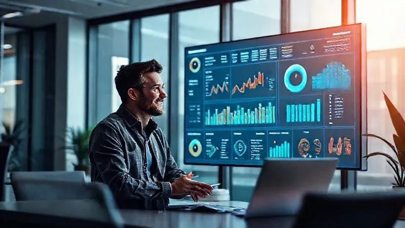 Photorealistic image of a freelancer and a client in a modern office, both looking at a customized digital dashboard on a large screen, showing personalized data relevant to the client's specific business goals. They are engaged in a positive discussion, cinematic lighting, sharp focus on their interaction, depth of field. Shot on a high-end DSLR, 8K hyper-detailed.