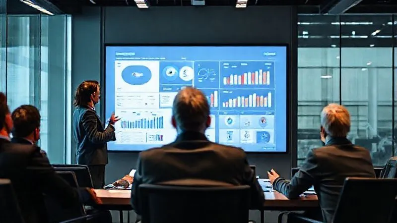 Photorealistic image of a professional leading a dynamic presentation of a report in a modern conference room, using engaging body language and making eye contact with clients. A large, clear screen behind them displays an impactful data visualization. Cinematic lighting, sharp focus on the presenter and screen, depth of field. Shot on a high-end DSLR, 8K hyper-detailed.