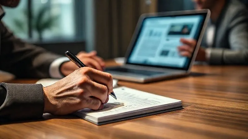 Photorealistic image of a hand writing notes on a pad during a client meeting, with a laptop open displaying a report and a client speaking in the background, suggesting active listening and feedback collection. Cinematic lighting, sharp focus on the notes, depth of field. Shot on a high-end DSLR, 8K hyper-detailed.