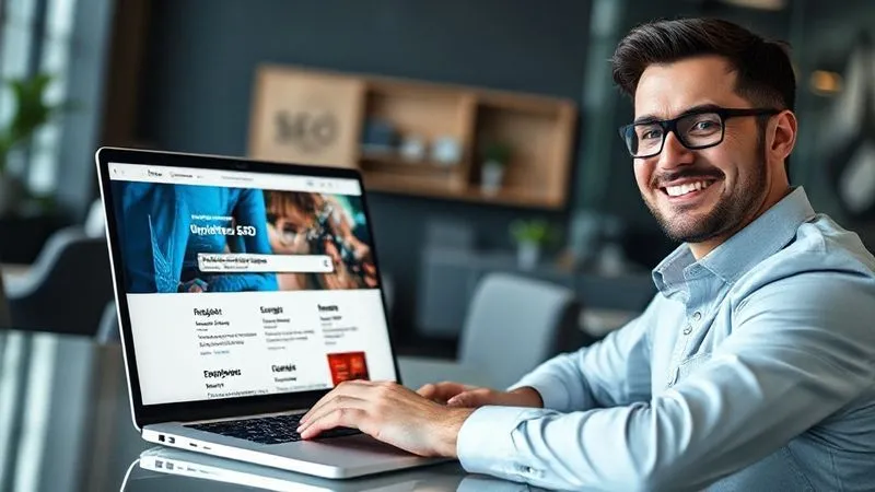 A photorealistic image of a sleek, modern laptop displaying a perfectly optimized website with high search rankings and engaging content, next to a professional SEO consultant smiling confidently. Cinematic lighting, sharp focus on the screen and the consultant's face, depth of field blurring a stylish office background. 8K hyper-detailed, professional photography.