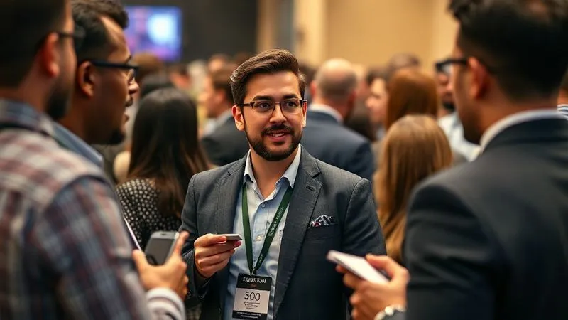A photorealistic image of a professional networking event, with diverse individuals engaging in conversations, exchanging business cards, and making eye contact. The focus is on a charismatic freelancer SEO consultant actively listening and connecting with potential clients. Cinematic lighting, depth of field blurring the background crowd. 8K hyper-detailed, professional photography.