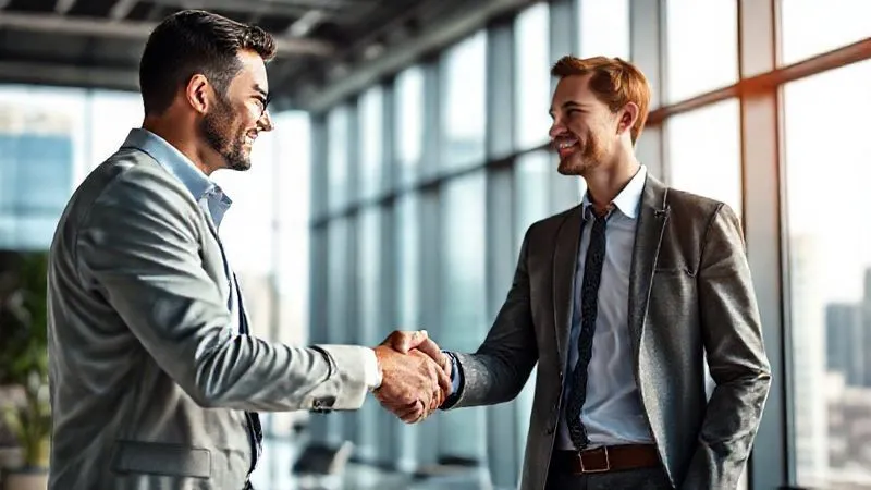 A photorealistic image of two business professionals shaking hands in a modern office setting, symbolizing a successful partnership. One is a freelance SEO consultant, the other represents a complementary agency (e.g., web design). The background features a blurred cityscape through large windows, suggesting growth and opportunity. Cinematic lighting, sharp focus on the handshake, depth of field. 8K hyper-detailed, professional photography.