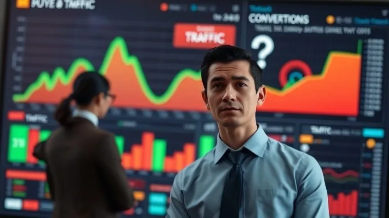Photorealistic, professional photography, 8K, cinematic lighting, sharp focus, depth of field, shot on a high-end DSLR. A complex, vibrant digital dashboard displaying various website analytics: a large, rising green line graph for 'Traffic' contrasting sharply with a flat, red line graph for 'Conversions'. Blurred figures of business people in the background, one in the foreground looking puzzled at the screen. The scene conveys a sense of data overload and a disconnect between metrics. A subtle question mark hovers over the conversion graph. A digital funnel graphic with a bottleneck at the bottom. The atmosphere is analytical yet frustrating.