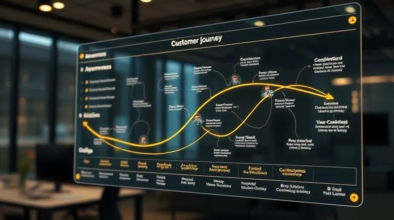 Photorealistic, professional photography, 8K, cinematic lighting, sharp focus, depth of field, shot on a high-end DSLR. A detailed, illuminated customer journey map displayed on a large transparent screen, showing different stages (Awareness, Consideration, Decision) with user personas moving through them. Arrows indicate paths, and small thought bubbles above the personas show questions and emotions. The background is a blurred, modern office setting, emphasizing strategic planning. The focus is on the intricate details of the map, highlighting the user's progression and potential friction points.