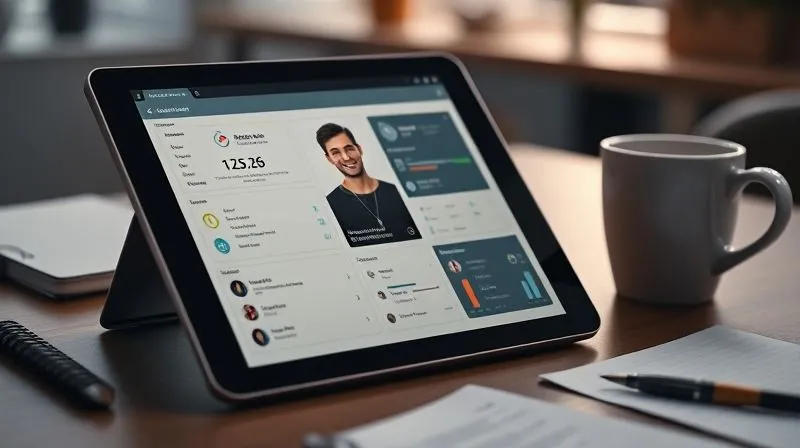 A photorealistic image of a detailed customer avatar profile on a tablet screen, with various demographic and psychographic data points, surrounded by notes and a coffee cup on a modern desk. Cinematic lighting, sharp focus on the tablet, depth of field blurring the background. 8K hyper-detailed, professional photography, shot on a high-end DSLR.