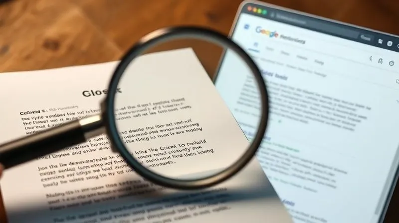 A photorealistic image showing a magnifying glass hovering over a beautifully structured blog post, with highlighted keywords and clear headings. On the other side, a search engine results page (SERP) displays the same article at the top. Cinematic lighting, sharp focus on the blog post and SERP, depth of field blurring the background. 8K hyper-detailed, professional photography, shot on a high-end DSLR.