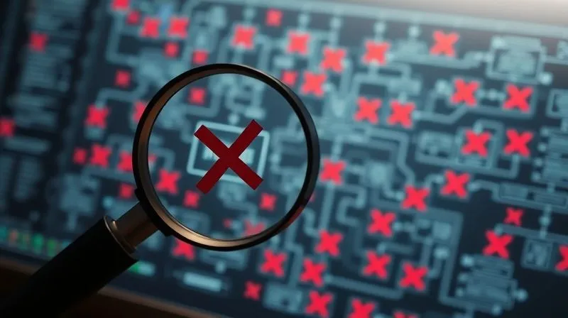 Photorealistic image of a detective magnifying glass hovering over a complex digital flowchart with red 'X' marks on broken paths, symbolizing strategy failure. Professional photography, 8K, cinematic lighting, sharp focus, depth of field blurring the background, 8K hyper-detailed. Shot on a high-end DSLR.