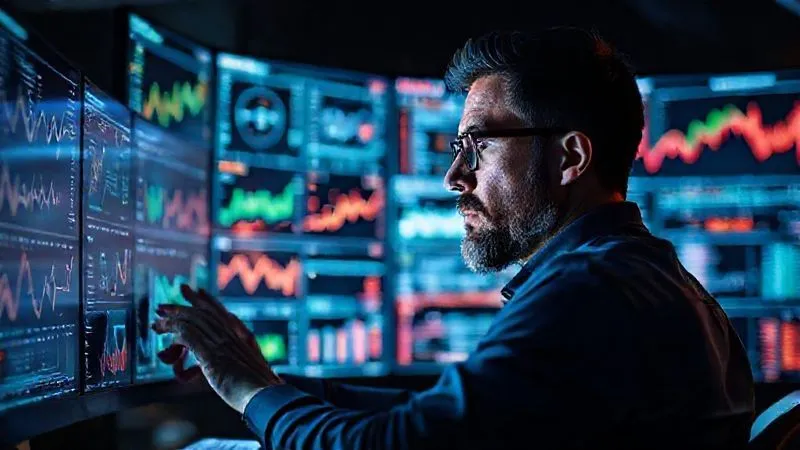 A photorealistic image of a digital marketer analyzing complex data on multiple screens, surrounded by charts and graphs, with a focused expression, cinematic lighting creating a dynamic atmosphere, sharp focus on the marketer's face, depth of field blurring the background, 8K hyper-detailed, professional photography, shot on a high-end DSLR.