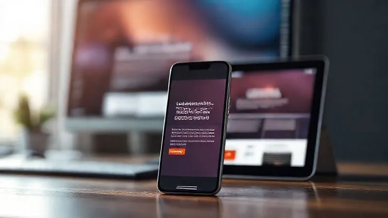A photorealistic image of a sleek, modern smartphone displaying a perfectly optimized landing page, with a blurred background showing a desktop monitor and tablet also displaying the same responsive design, cinematic lighting highlighting the clarity of the mobile screen, sharp focus on the smartphone, depth of field blurring the other devices, 8K hyper-detailed, professional photography, shot on a high-end DSLR.