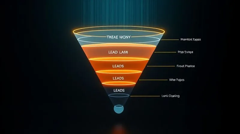 Photorealistic image of a digital sales funnel, with distinct stages clearly visible, flowing from top to bottom, glowing lines representing leads, cinematic lighting, 8K hyper-detailed, shot on a high-end DSLR.